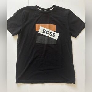 BOSS Black Short-Sleeve Tee with Tan and White Logo Blocks
